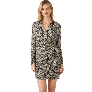 Beyond Words Black‎ Beige Geometric Wrap Shirt Dress Size Medium Retro Mod Style